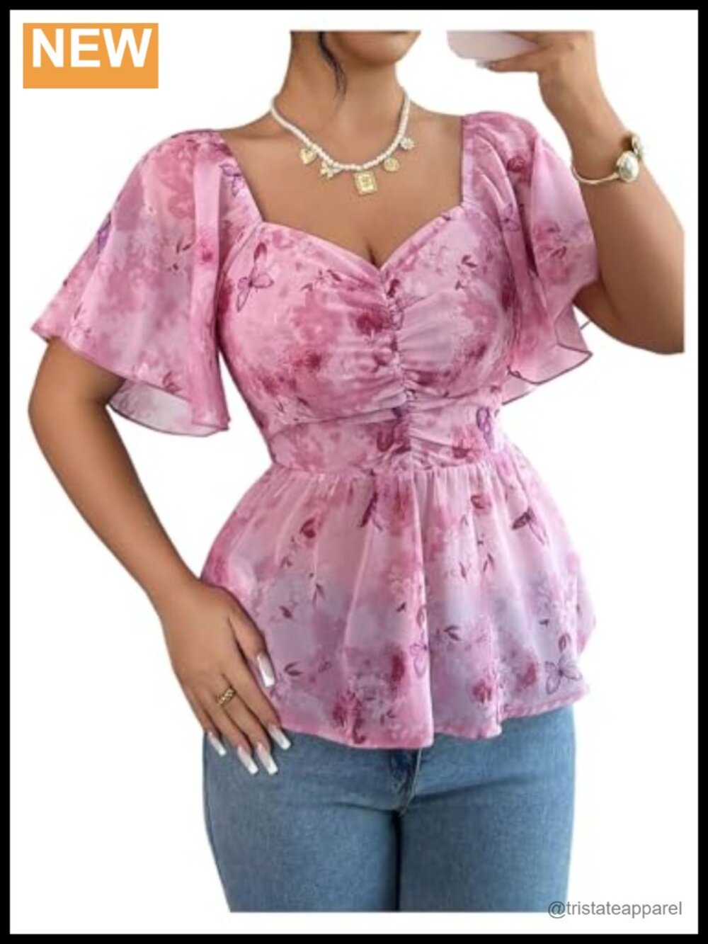 Boho Floral Mesh Peplum Babydoll Blouse With Ruffle Sleeves